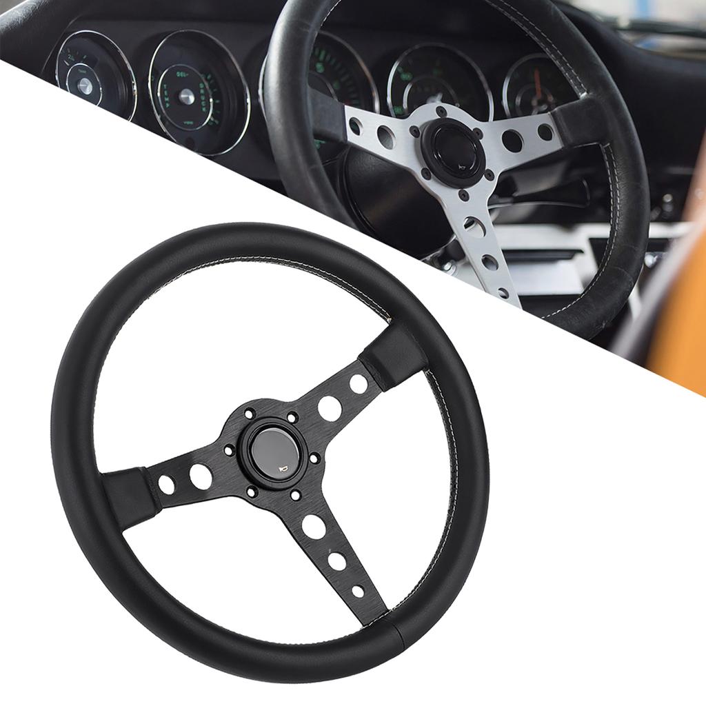 350mm 14in for MOMO Prototipo Style 6‑Bolt Black Leather Racing Steering Wheel Gray Stitching with Horn Button