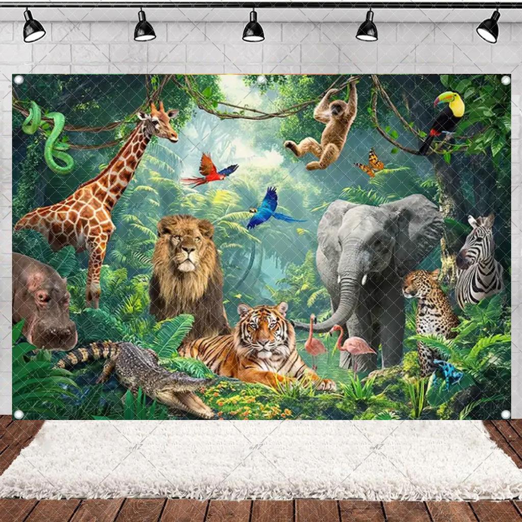 Jungle Wildlife Lion Giraffe Theme Banner Background, Children's Birthday Party, Home Decoration Photography Studio Background