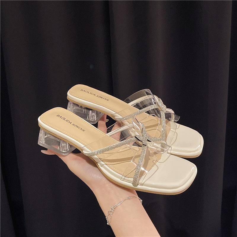 

Thick heel temperament slippers women s summer wear 2025 new fashion fairy wind rhinestone transparent sandals high heels 35 бежевый
