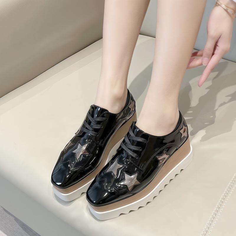 Korean 2025 Star Patent Leather Wedge Heels - Women's Stylish Thick-Soled Platform Shoes with Square Toe In Casual British Style