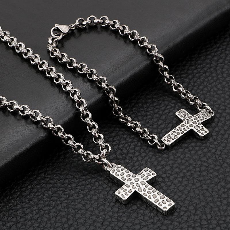 Korean Style Stainless Steel Cross Necklace & Men's Titanium Steel Bracelet Set