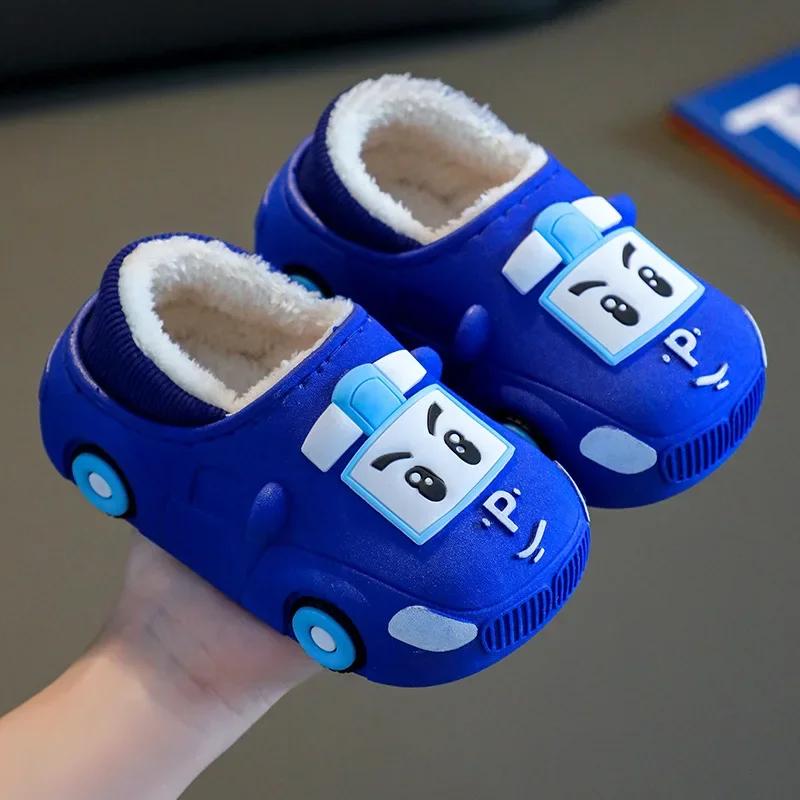 Cartoon Car Slippers Children Winter Warmer Plush Slides Babi Lovely Indoor Slippers Shoes Kids