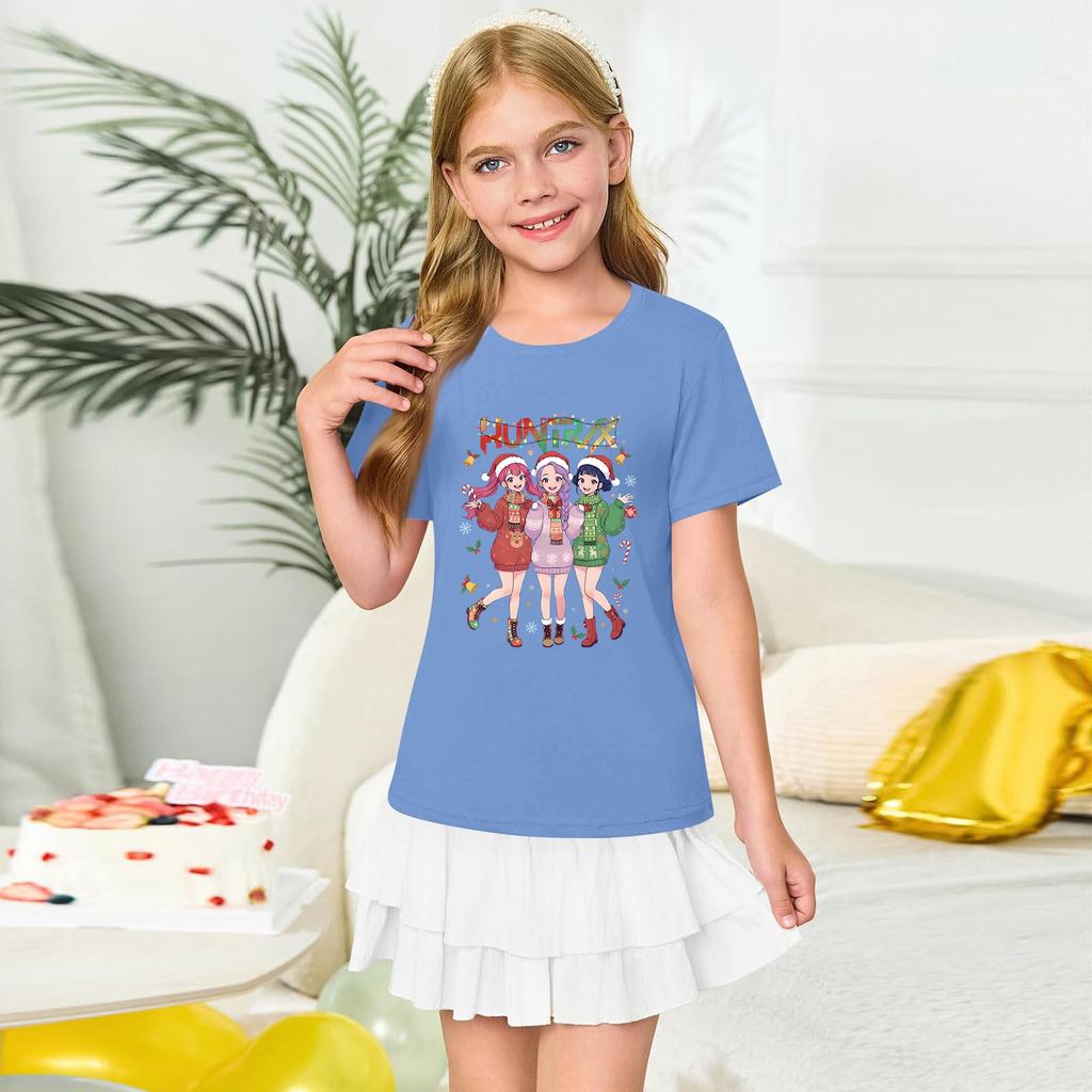 Girls' Round Neck Short Sleeves Christmas Witch Group Print Casual Short Sleeves