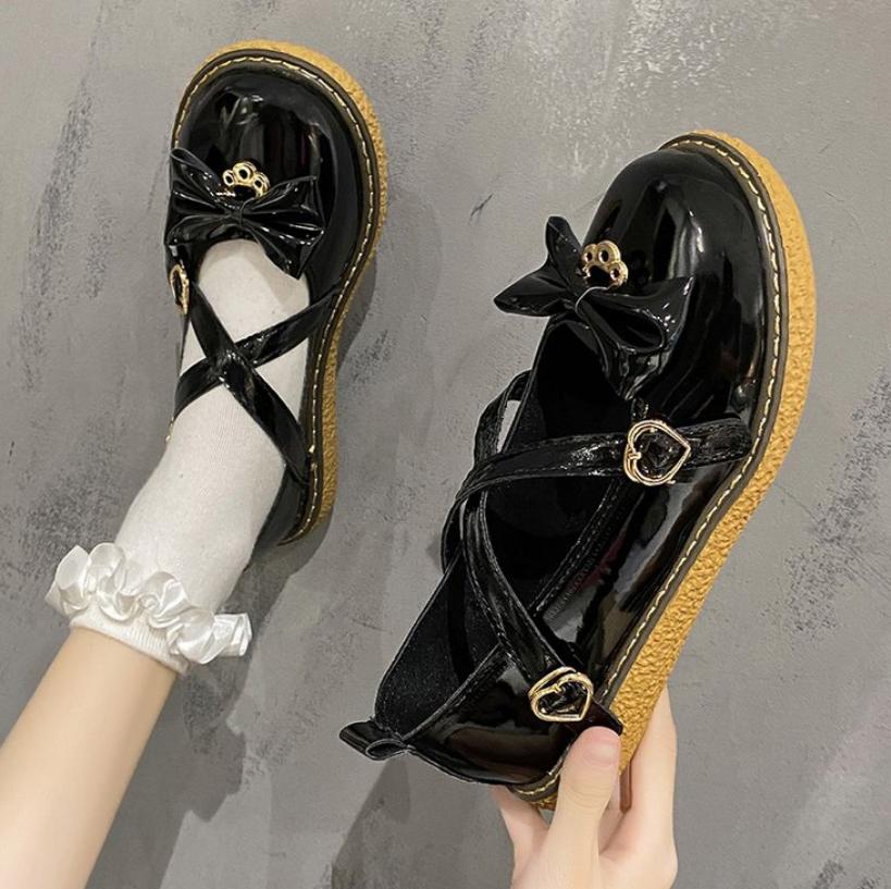 2025 Spring Autumn High Quality Women Lolita Shoes Fashion Round Toe Medium Heel Bow Knot One-Word Buckle Ladies Mary Jane Shoes