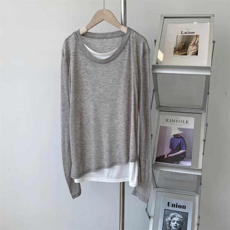 Pullovers Tops Winter Women Long Sleeves Shirt Faux Two-piece Padded Blouse Oversized Solid Color Loose Pullover Tops