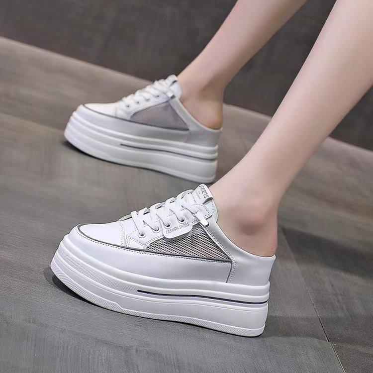 Popular Thick-soled Lace-up Heightening Little White Shoes for Women's 2025 Summer New Versatile Comfortable Casual Half Slippers for Women's Out