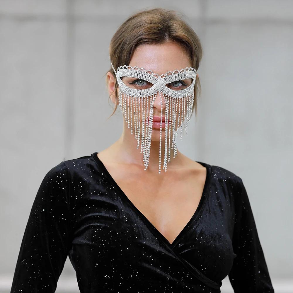Cosplay Veil Headwear Rhinestone Tassel Mask Chain Women Masquerade Crystal Head Decor Nightclub Head Rave Party Indian Jewelry