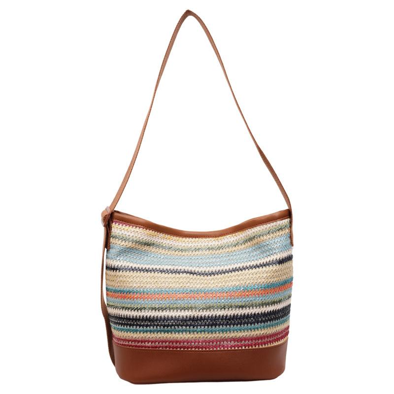 Striped Straw Bag Women's Large Capacity Shoulder Crossbody Bag Beach Bag