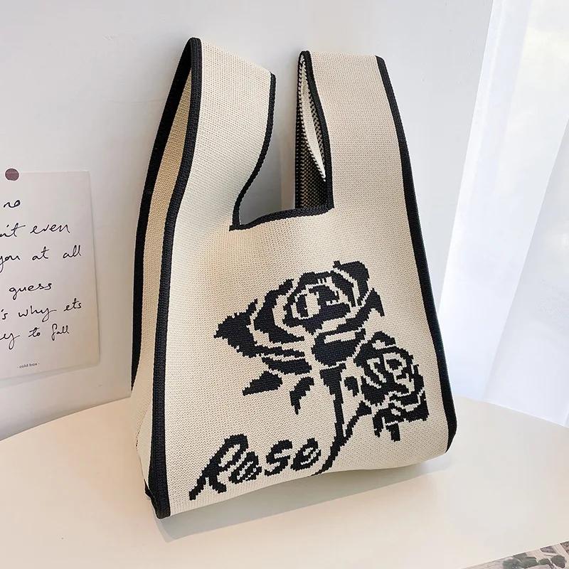 Japanese Thin Stripe Plaid Tote Bag Women Casual Color Handmade Knit Handbag Student Reusable Shopping Bag Keys Purse Handle Bag