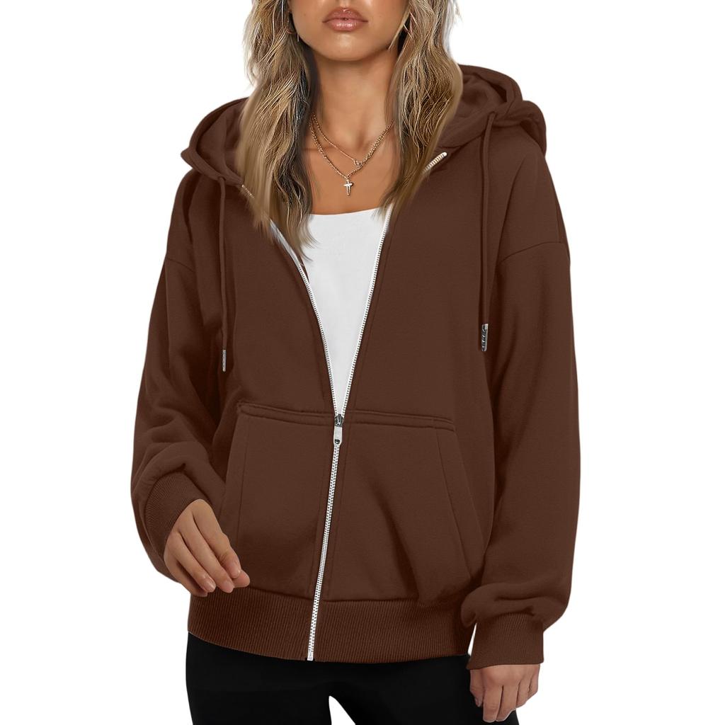 Women's Fashionable Loose Fleece Hooded Casual Cardigan With Zipper Sweatshirt