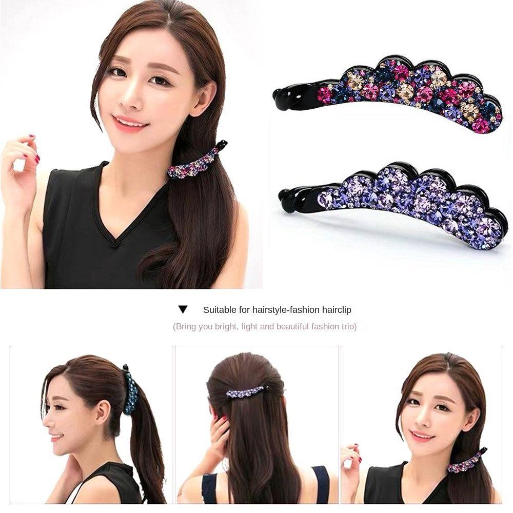 Elegant Rhinestones Banana Clip Korean Style Sweet Hairpins Ponytail Holder For Women Girls