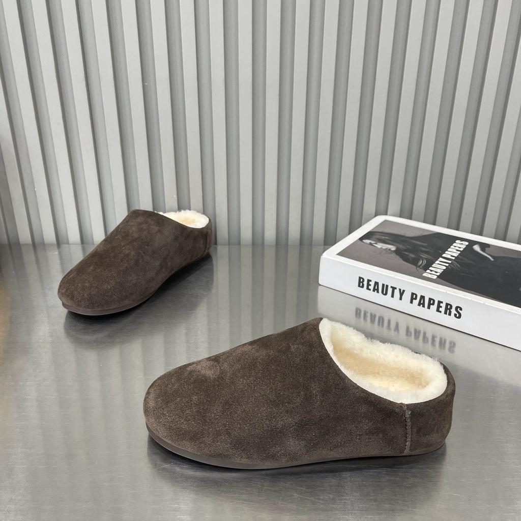 Cowhide Version of Minimalist Round Head Lazy Thick Bottom Hairy Half Drag Women Warm Casual Versatile One Pedal Bag Head Hairy Shoes