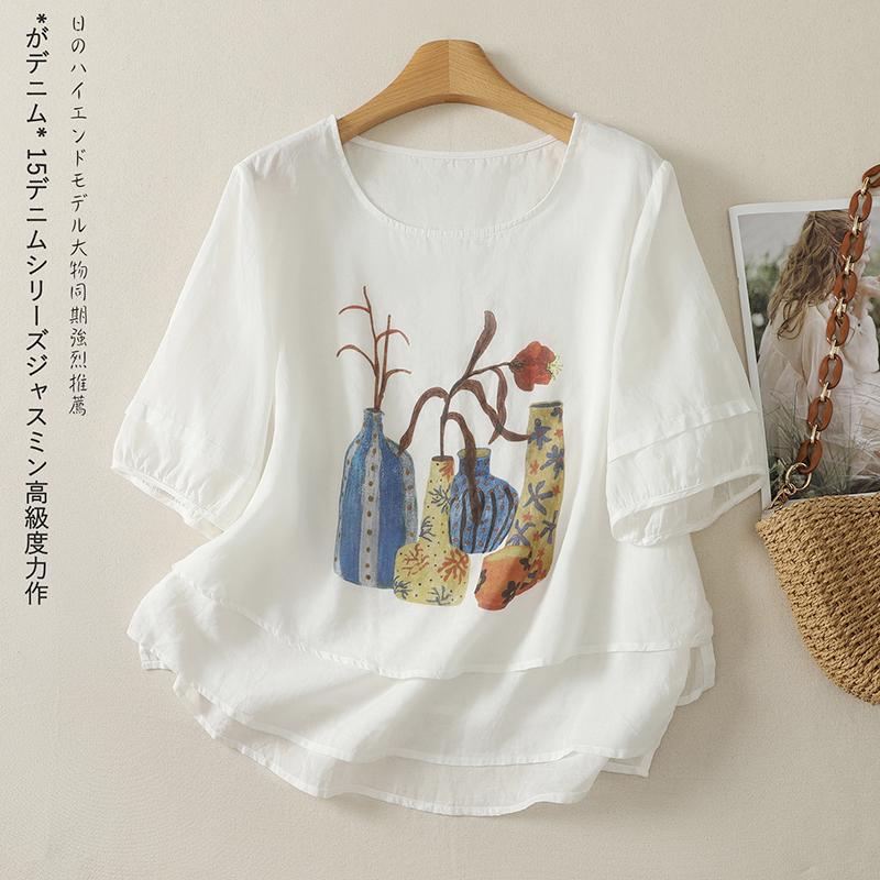 DIMANAF 2026 Summer Women Plus Size New Blouse Shirt Print Floral Vintage Short Sleeve Cotton Linen Casual Loose Lady Tops Tees