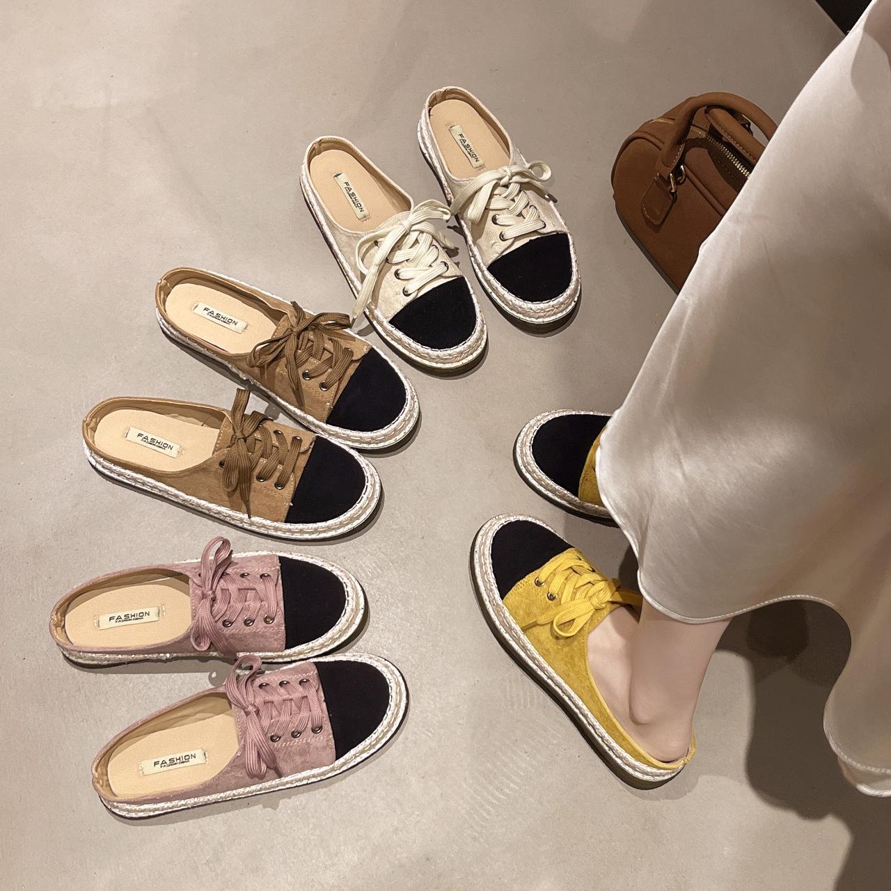 

Sports and leisure bag head half slippers women s spring and summer new lace-up without heel fisherman shoes wear explosive lazy shoes 39 бежевий