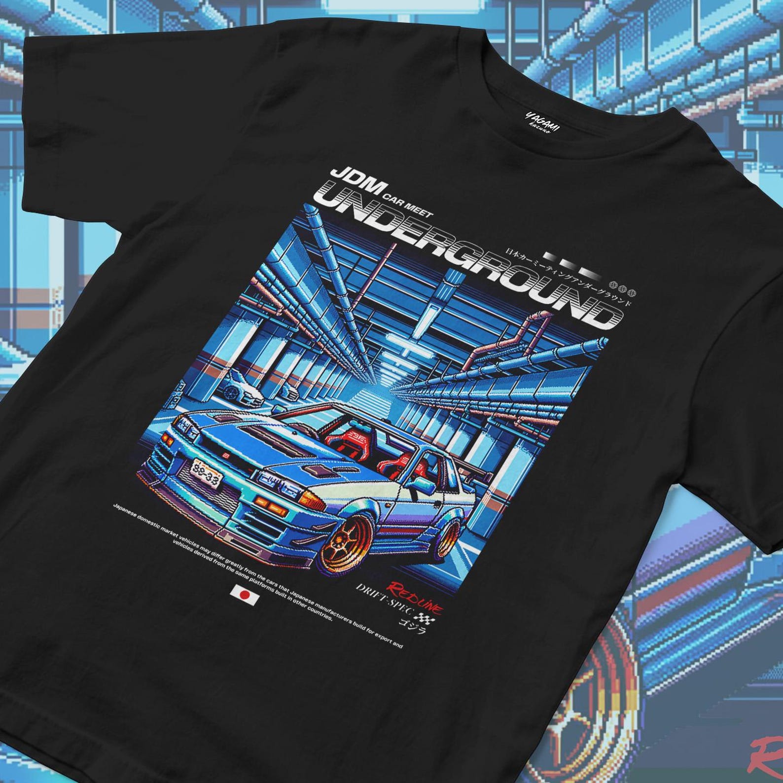 Underground JDM Car Meet Pixel Art T-Shirt | Retro Streetwear | Unisex Jersey Short Sleeve Tee 3XL