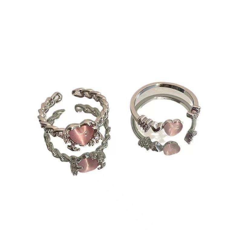 Kpop Y2K Pink Heart Opal Rings for Women Korean Fashion Cross Star Opening Finger Ring Sweet Girls Party Jewelry Gifts