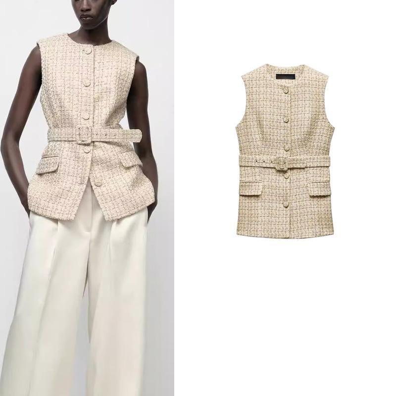 Autumn and Winter New Women Western Style With Belt Graceful Plaid Texture Sleeveless Vest Vest 9208956