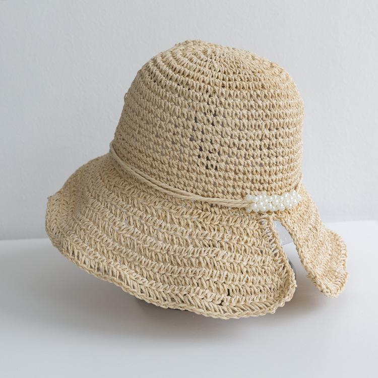 

Соломенная шляпа с полыми полями женская летняя дорожная пляжная солнцезащитная шляпа с большими полями модное украшение жемчугом складная шляпа от солнца Adult (56-58cm) бежевый