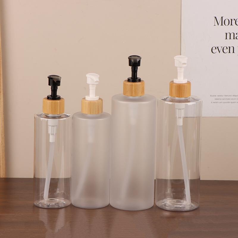 300/500Ml Cylindrical Bamboo Pump Dispenser Bathroom Pet Dish Soap Bottle Lotion Refillable Shower Gel Liquid Frosted Container