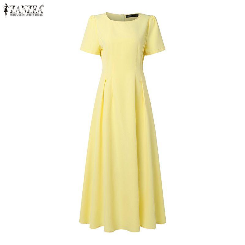 ZANZEA Women Elegant Round Neck Casual Short Sleeve Long Dress