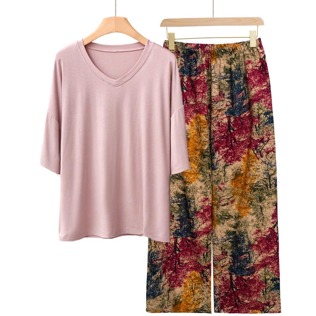 Pajamas Women's Spring and Summer New V-neck Short-sleeved Cotton and Linen Pants European and American Large-size Loungewear Two-piece Set