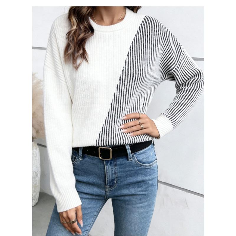 Women S Loose Fit Striped Color Block Long Sleeve Round Neck Knit Sweater