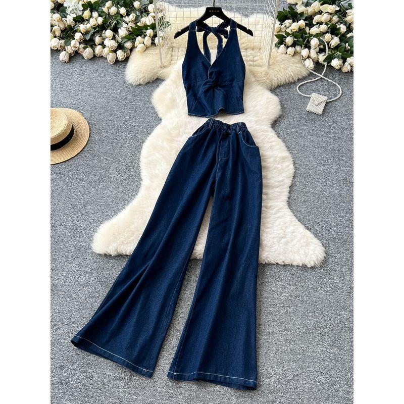 Casual Set Women Korean Fashion Summer Clothing Scheming Twist Hanging Neck Sling Denim Top High Waist Wide Leg Straight Pants