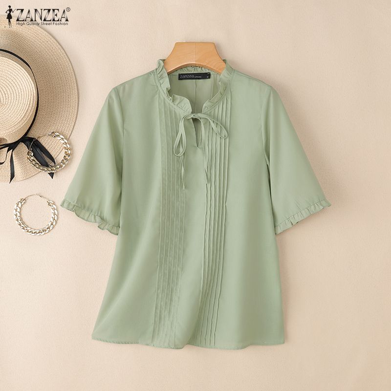 ZANZEA Women Elegant Lace-Up Round Neck Summer Casual Half Sleeve Blouse