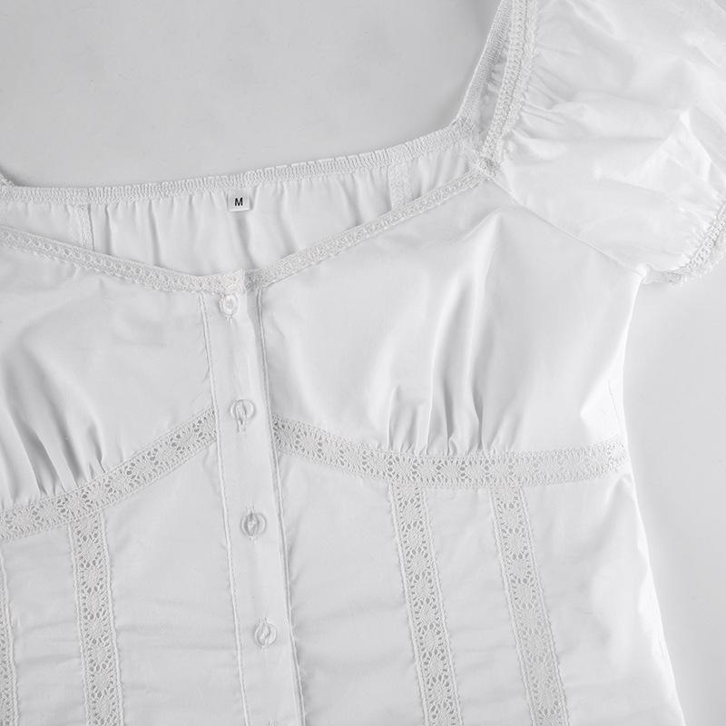 Short Puff Sleeve Lady T-Shirt Square Collar Skinny Crop Top Summer OL Tees All Match Button Vintage Women's Lace Clothe
