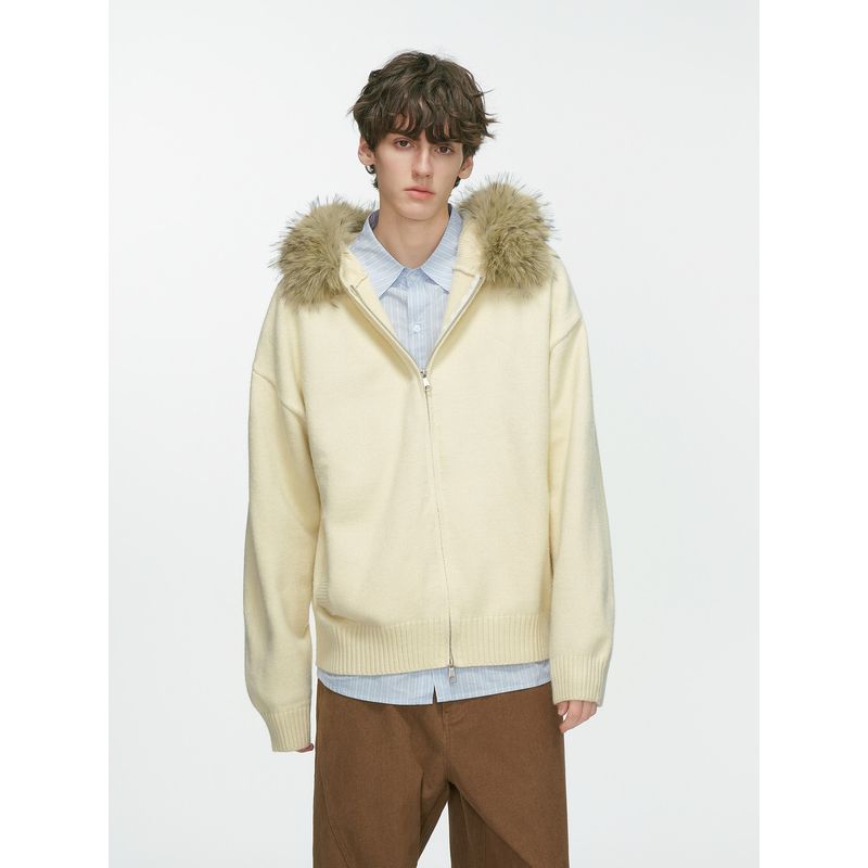 Dream Made American-Style Fur Collar Hooded Cardigan Sweater for Men, Autumn and Winter Thickened Couple Knitwear Jacket
