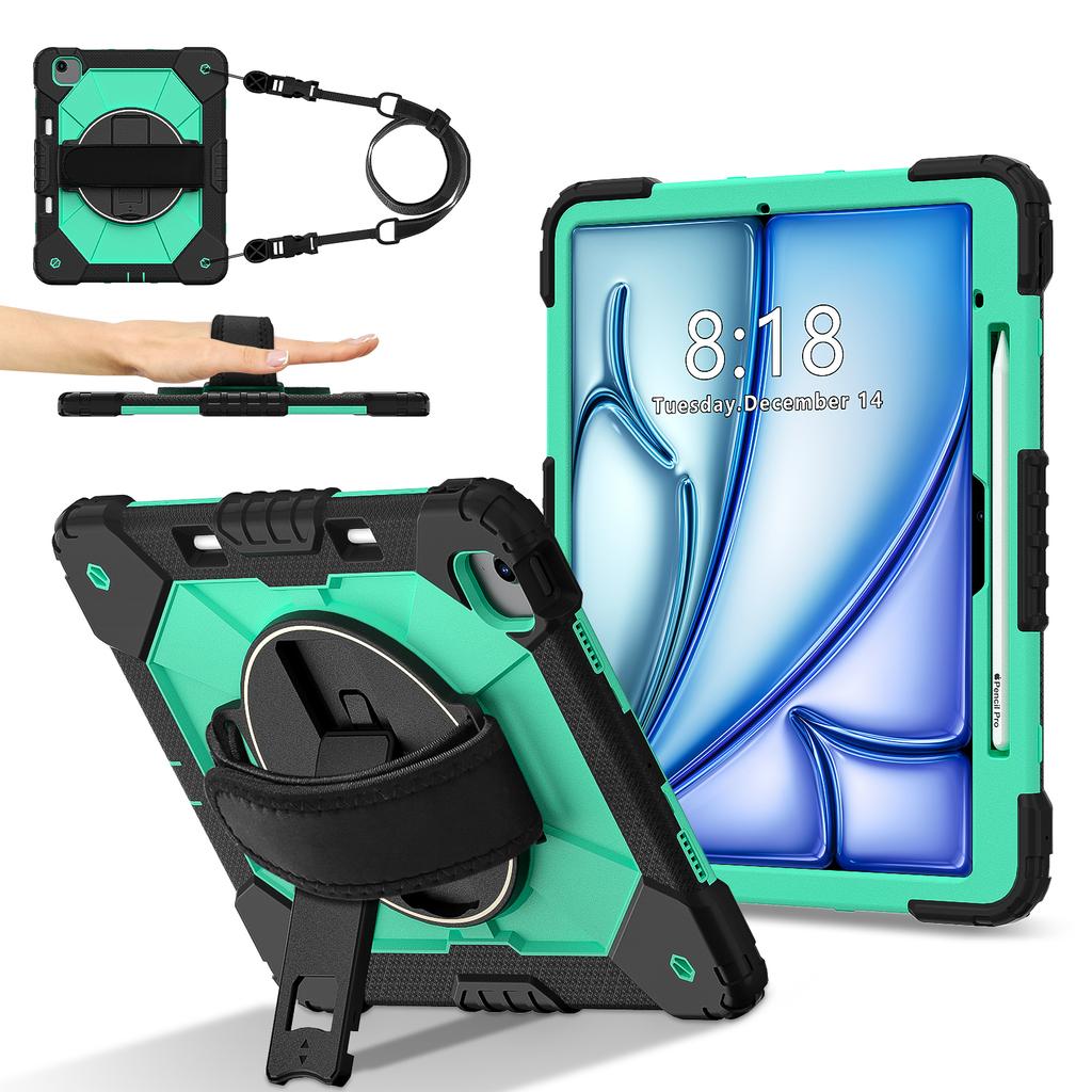 For iPad Air 13 (2025)/(2024) Case Silicone + PC Kickstand Tablet Cover with Handy Strap, Shoulder Strap