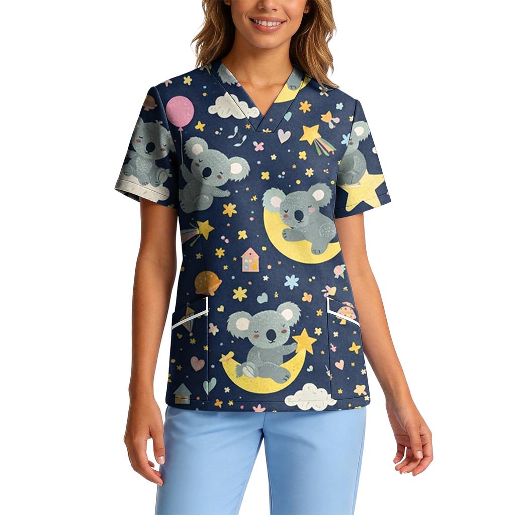 Top de Trabalho Feminino com Gola V de Manga Curta, Stretch e Secagem Rápida, com Estampa Animal e Bolsos