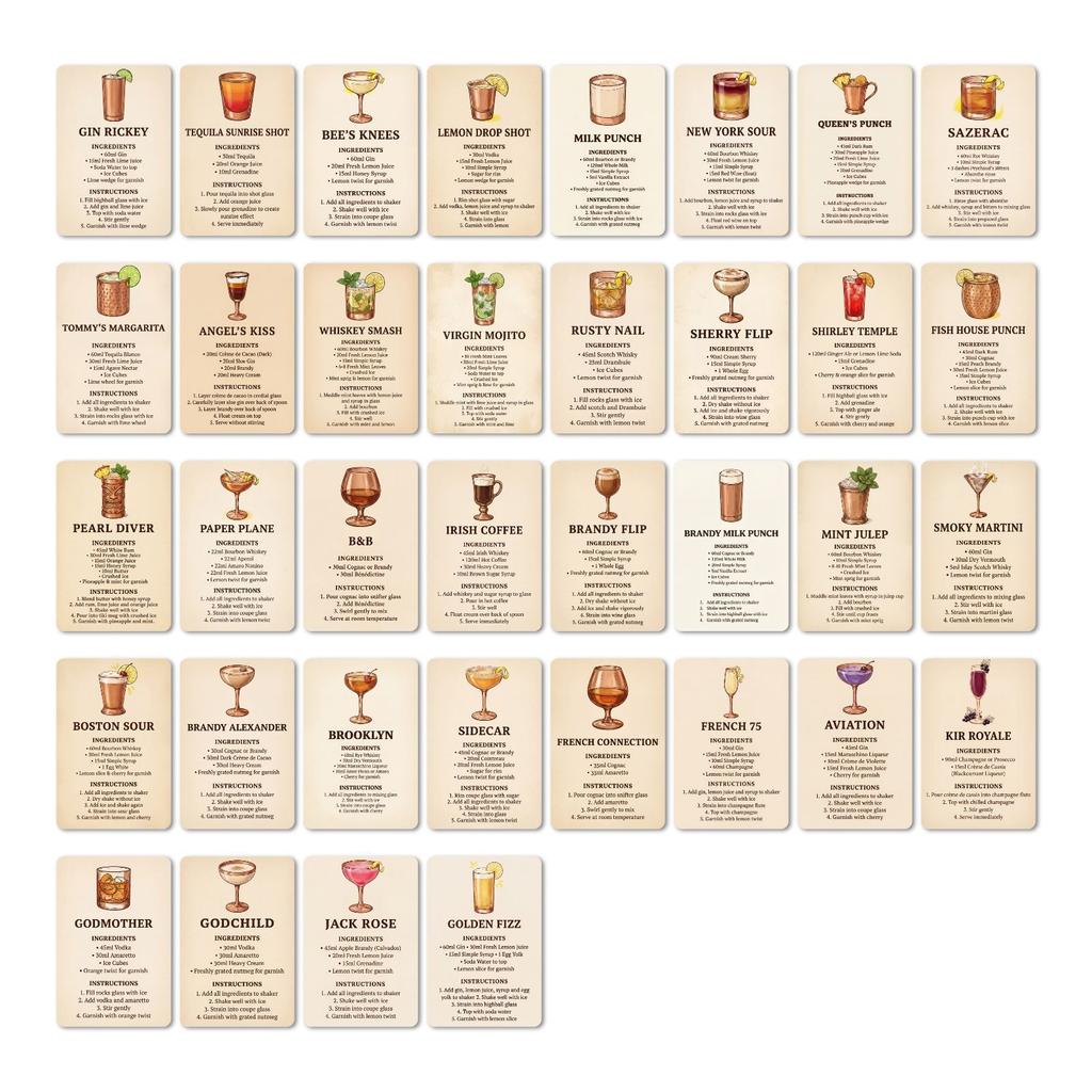 36 Peças Cartões Flash de Receitas de Sucos Mistos Cartões de Receitas para Bartender Instruções Passo a Passo para Fazer Bebidas Livro de Receitas de Bebidas Guia Abrangente de Concoção