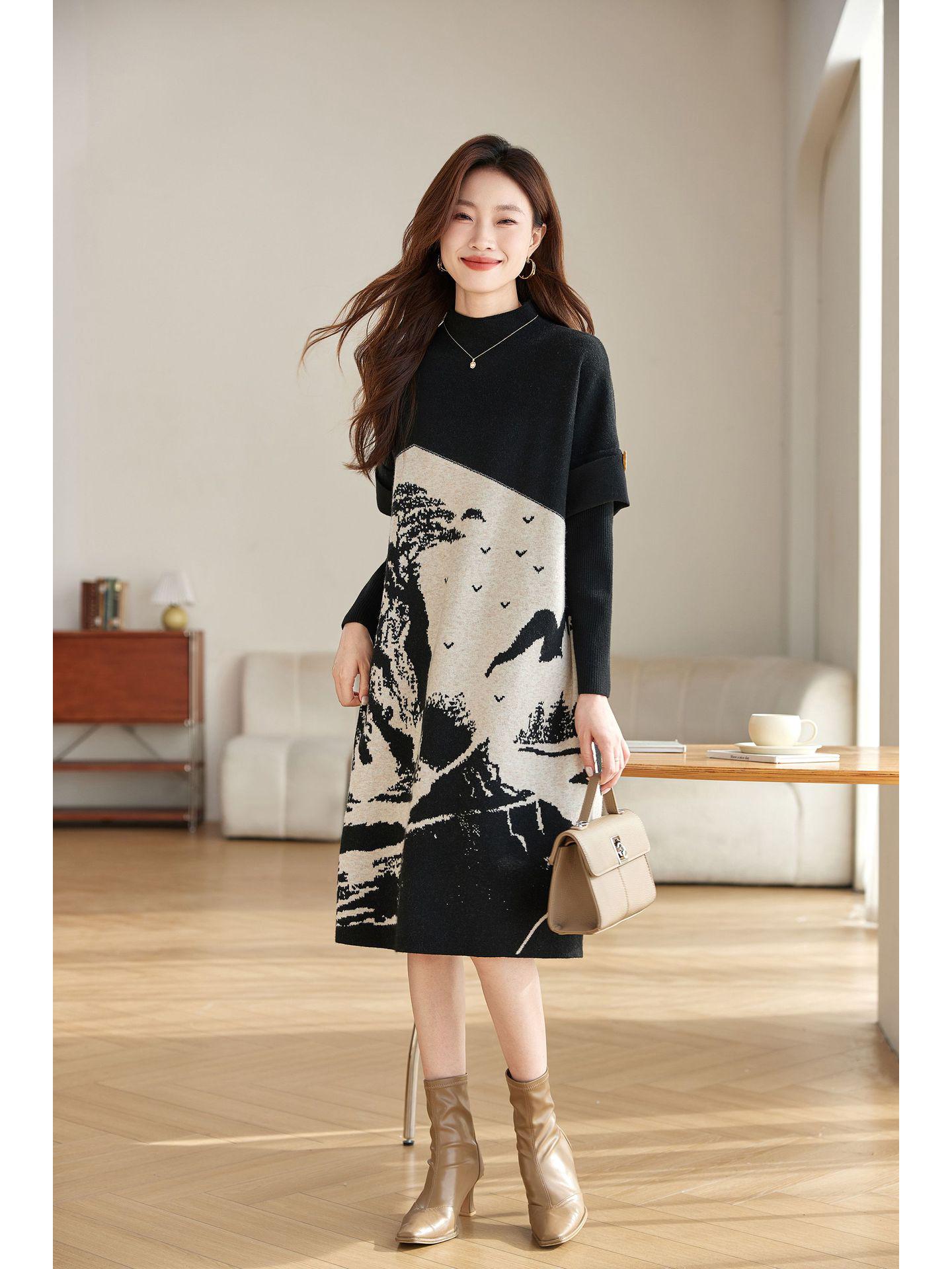 

2025 Осень/Зима Платье-свитер из шерсти с китайской живописью тушью, Полувысокая горловина, Длинный стиль M чёрный