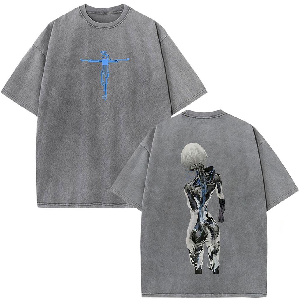 Camisetas Gráficas Vintage Lavadas de Anime Ghost in The Shell Motoko Kusanagi para Hombre y Mujer Moda Camisetas de Manga Corta Oversize
