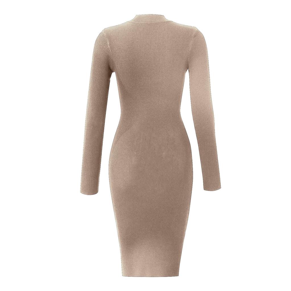 Women's Autumn And Winter Sexy Solid Color Long Sleeve Tight Button Hollow Pullover Knit Sweater Dress