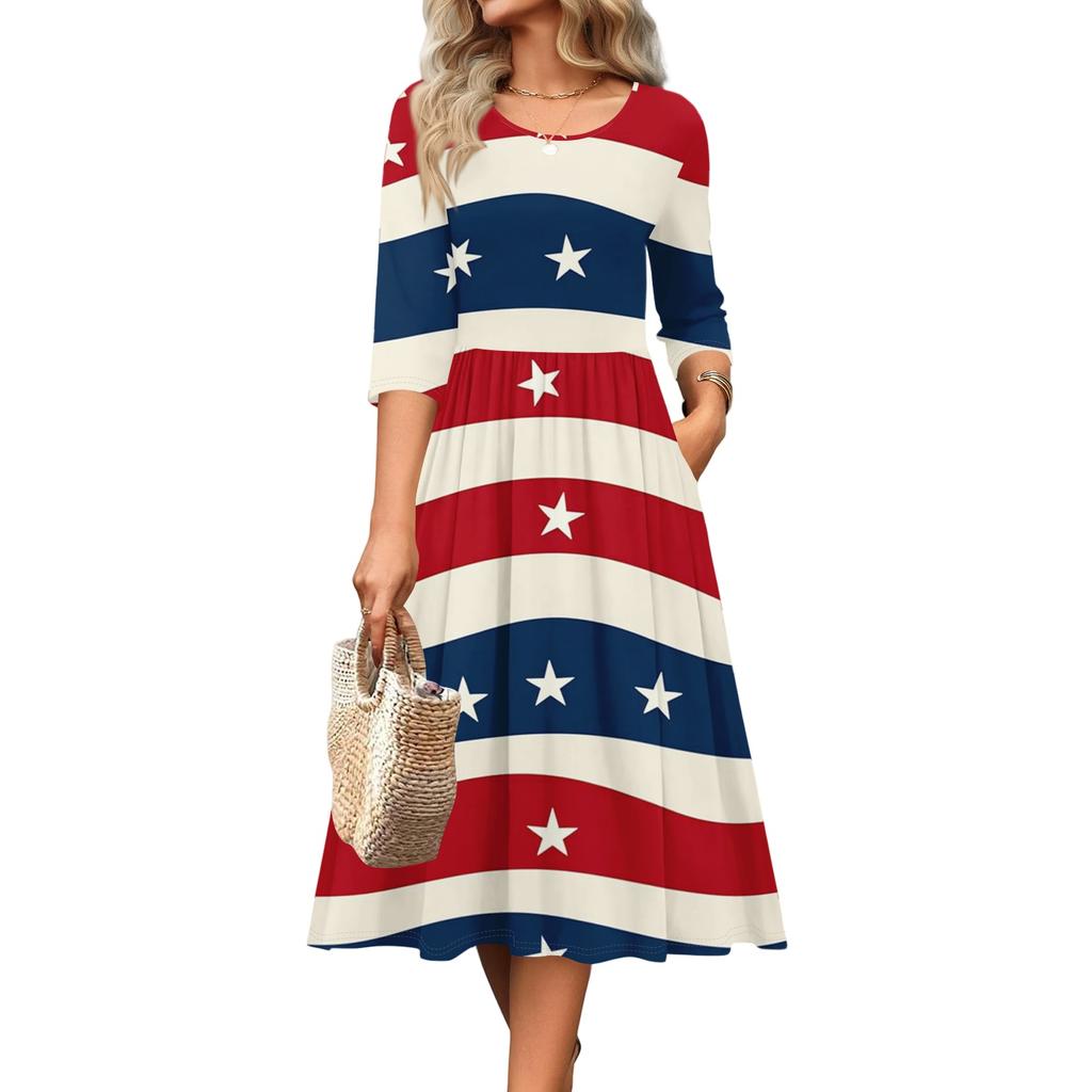 Women's Casual Round Neck Midi Dress Three Quarter Sleeve Waist Cinched Independent Day Style Spring Autumn Dress