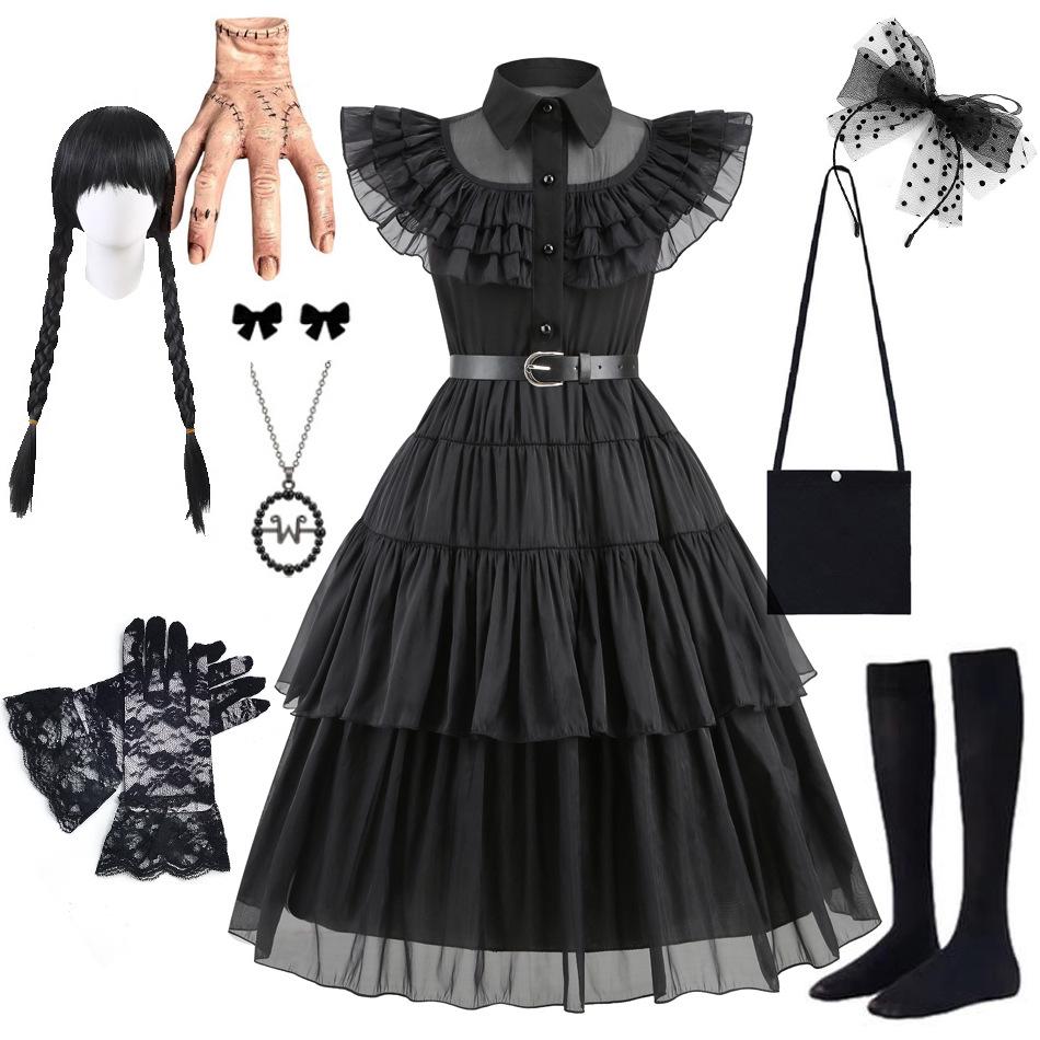 Abito da sera in rete da ragazza per cosplay della Famiglia Addams di Mercoledì con accessori (Taglia unica)