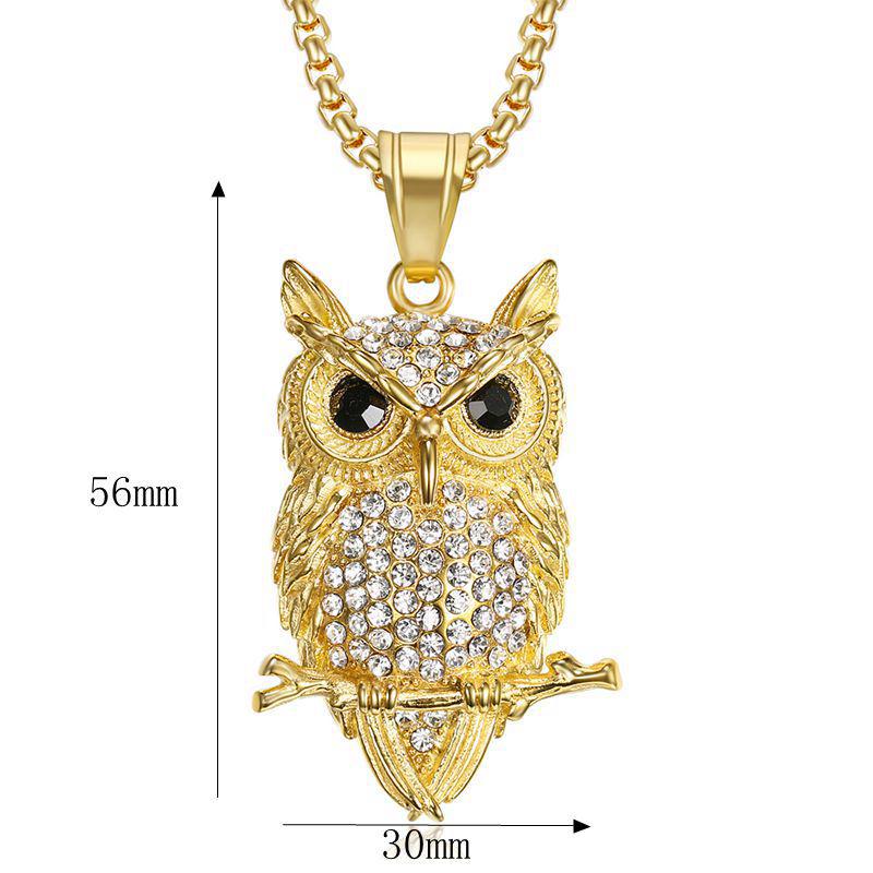 Gold-Plated Diamond Owl Pendant Necklace - European American Hip-Hop Style
