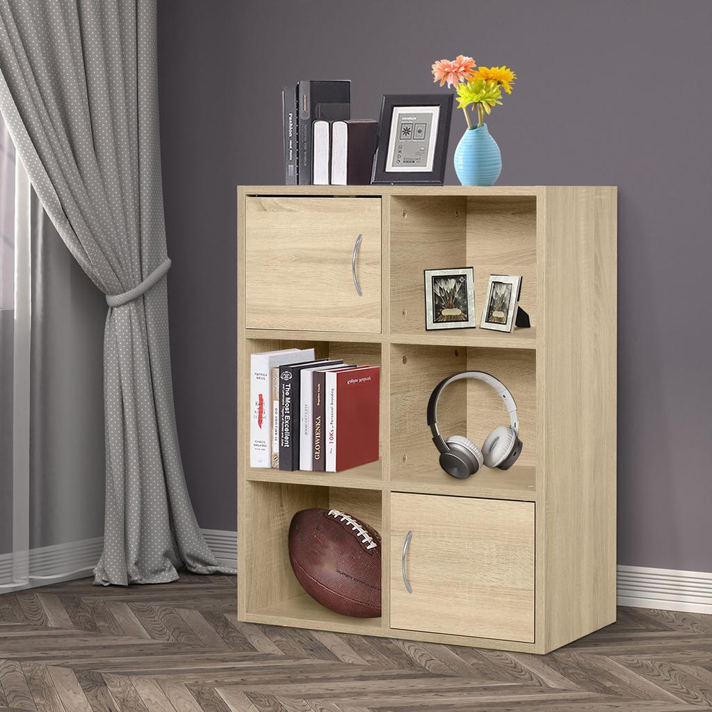 Wooden Bookcase Shelf, Multipurpose Cabinet with 3 Shelves 4 Compartments and 2 Doors, 61.5x29.5x80cm
