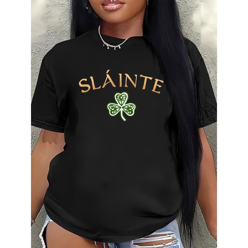 Women s Slainte Shamrock Print Tee Crew Neck Short Sleeve St. Patrick s Day Casual Top S чёрный