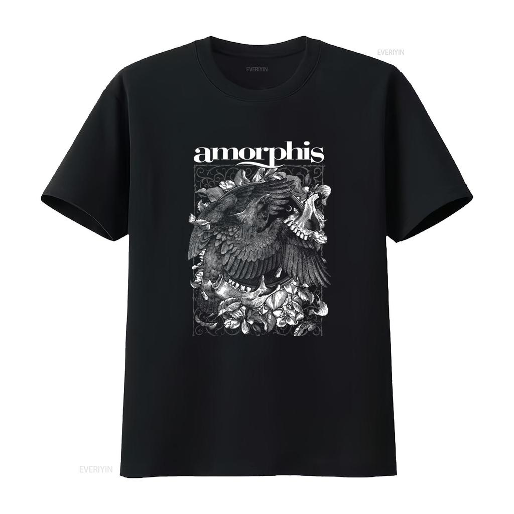 Amorphis Circle Schwarzes T-Shirt mit kunstvollem Adler- und Blumenmuster Perfekt für Metal-Fans vintage gewaschen Lässig Vielseitig