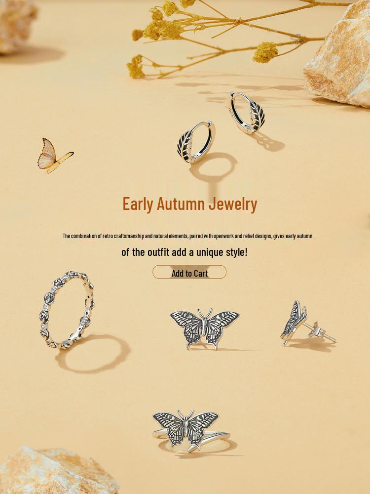 S925 Sterling Silver Butterfly Rose Earrings & Ring Set - Open Ring Design for Women