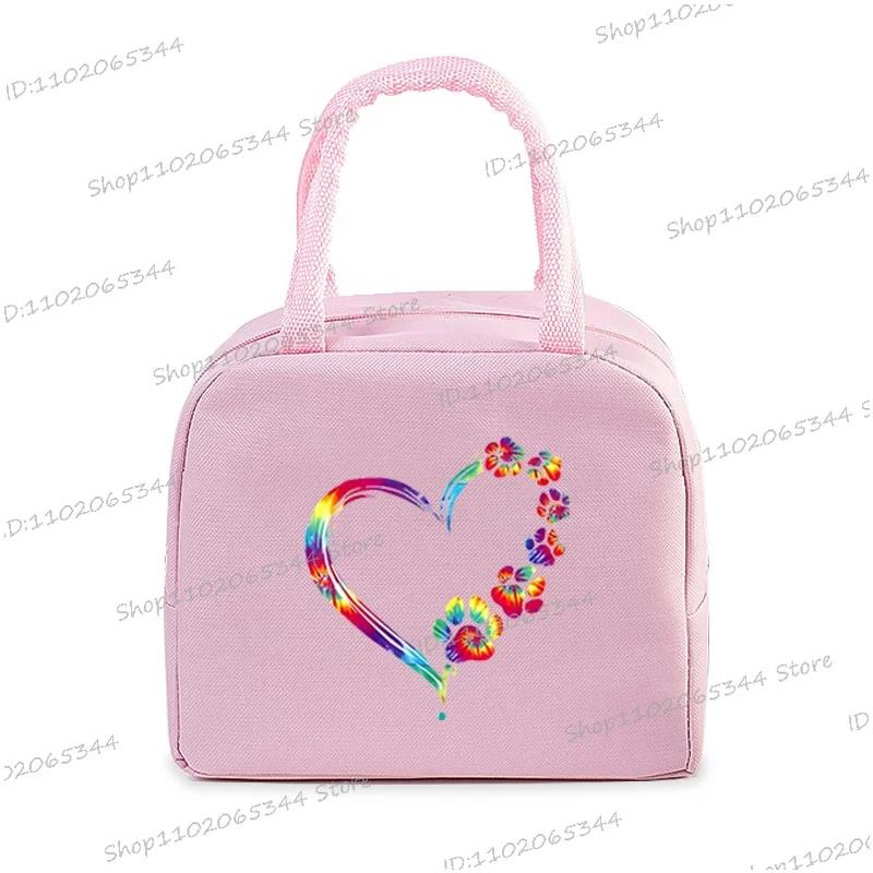 Colour Heart Cat Dog Paw Print Portable Lunch Bag Women Men Kids Food Thermal Box Multi-function Office Bento Insulated Handbag