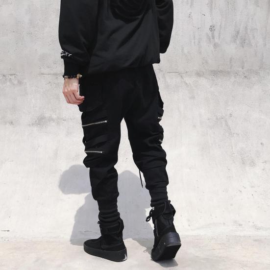 Men Cargo Pants Strap Zipper Decor Loose Ankle-banded Mid-rise Solid Color Multi Hip Hop Streetwear Outdoor Travel Sport Trousers