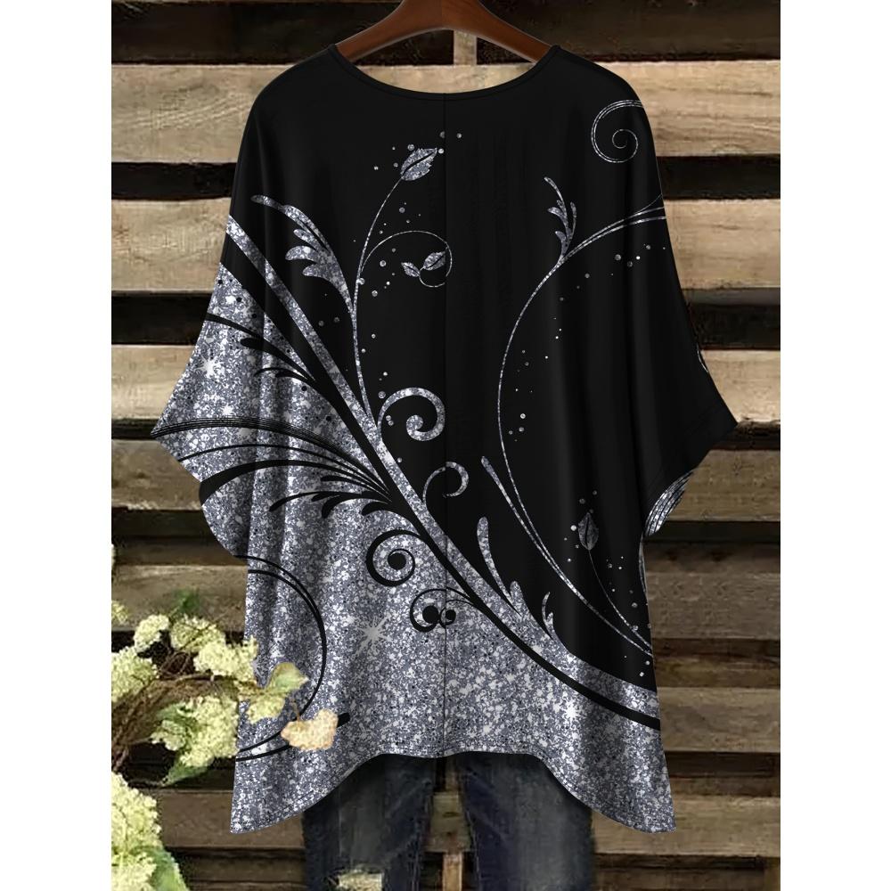 

Богемный топ для женщин Элегантный цвет Цветочный графический дизайн Круглый вырез Неровный подол Женская повседневная мода Женские топы для отпуска 1XL