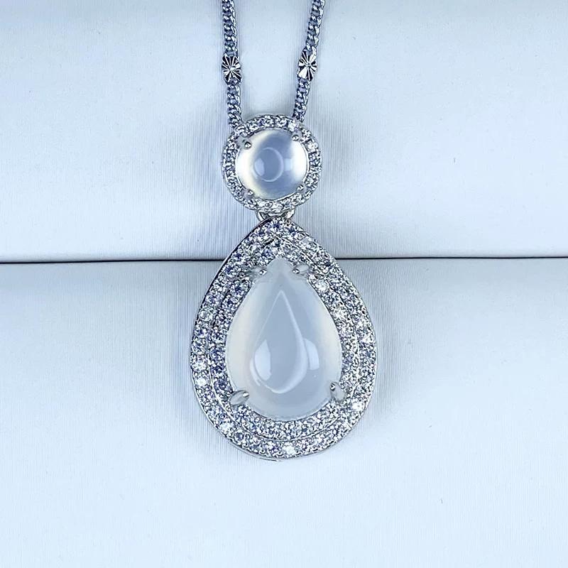 Natural Ice Chalcedony Pendant Women's Jadeite Inlaid Gemstone Transparent White Jade Pendant Agate Necklace Hanging Pendant