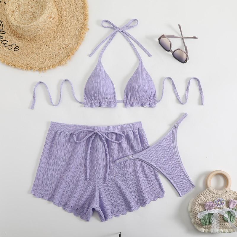 Sexy Bikini Three-piece Fabric Swimsuit Women's Solid Color Beachwear Vacation