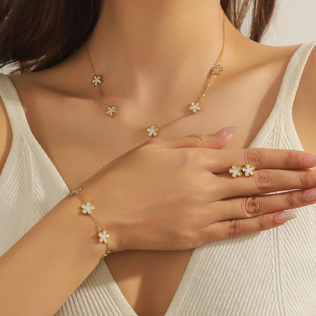 DIEYURO 316L Stainless Steel Simple Elegant White Shell Five Leaf Flowers Necklace Bracelet Set Women New Trend Jewelry Gift