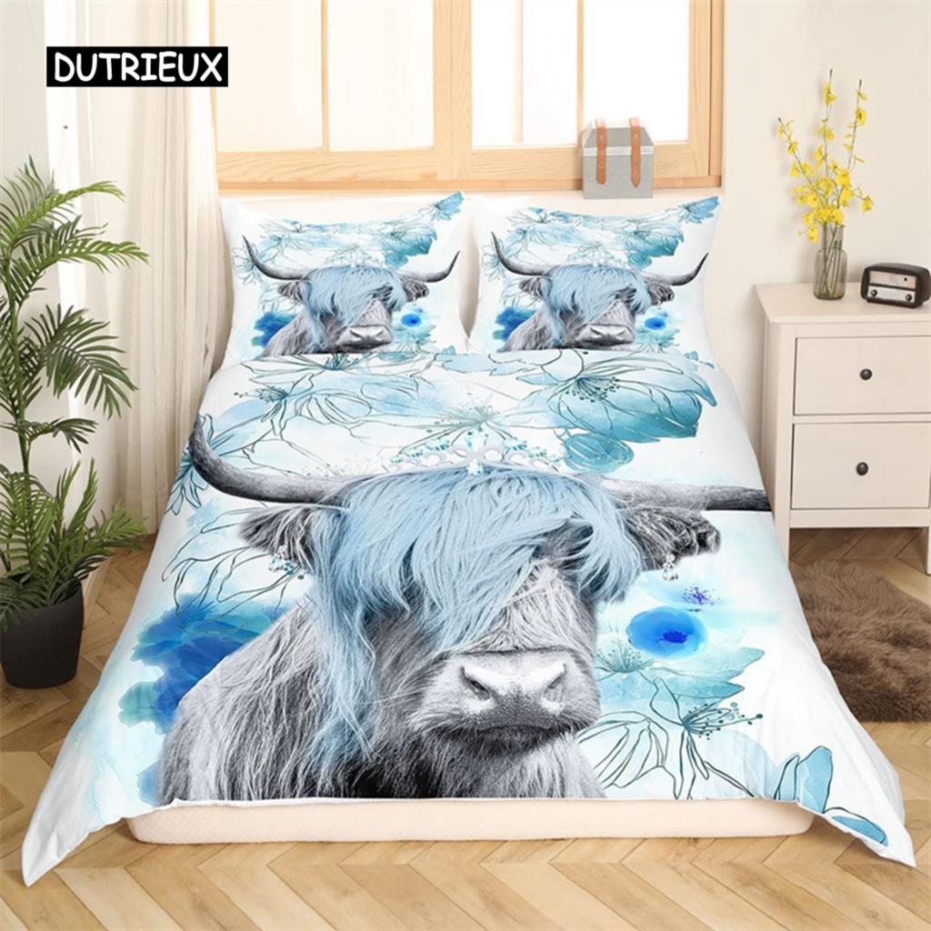 Bettbezug mit Highland-Kuh-Motiv, Western-Bettwäscheset mit Bauernhoftieren, King-Size-Bett, für Jungen und Mädchen, Mikrofaser, Blumenmuster, Bullen- und Rinder-Bettbezug